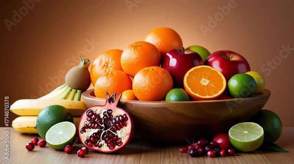 Fototapeta Fresh Assorted Fruits in a Wooden Bowl 4