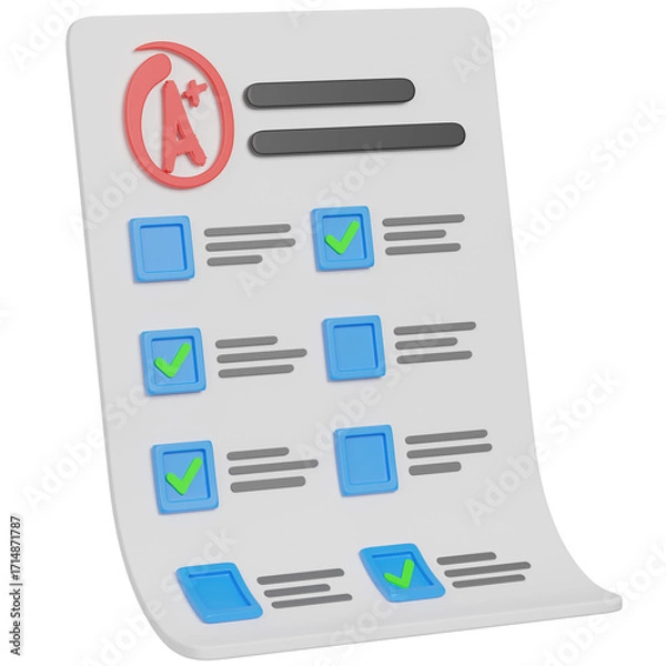 Fototapeta 3d render Exam Results A Grade on a Test Paper icon 