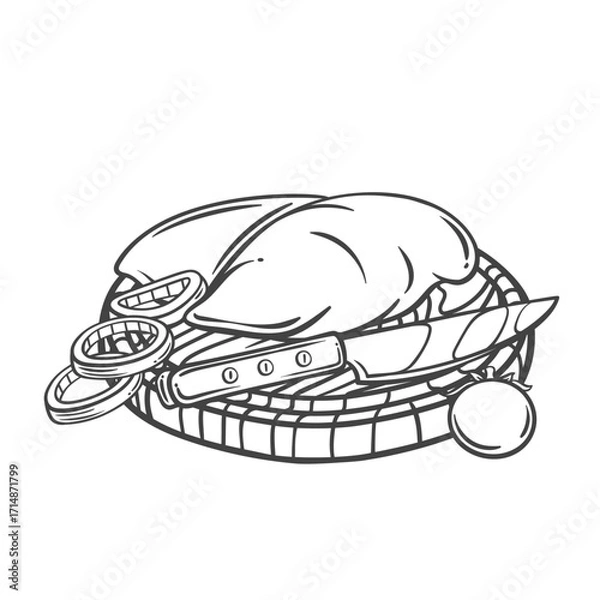 Fototapeta Raw chicken breast on round wooden board line icon. Outline hand drawn sketch of poultry meat fillet with knife, tomato and onion rings to cook meal. Cooking mascot, chicken meal vector illustration