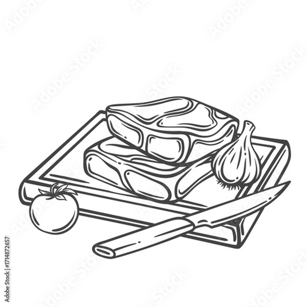 Fototapeta Ribeye steak two slices on rectangular wooden board with knife, garlic and tomato line icon. Outline hand drawn sketch of rib eye portion to cook, grill. Butchery mascot, steak vector illustration