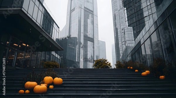 Fototapeta Vibrant orange pumpkins contrast with modern urban architecture on a foggy day.