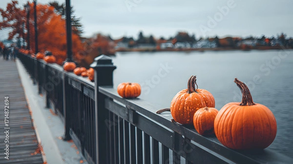 Fototapeta A row of vibrant orange pumpkins lined along a railing by a tranquil river in autumn, reflecting the season's beauty.
