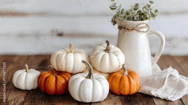 Fototapeta A rustic arrangement of white and orange pumpkins beside a floral pitcher on a wooden table.