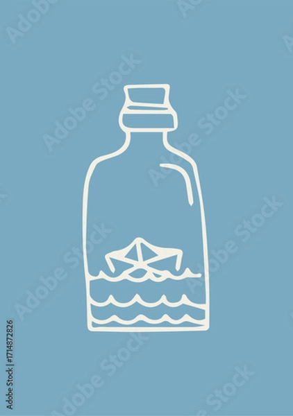 Obraz Illustration Hand Draw Doodle Paper Boat In a Bottle with Blue Background