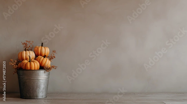 Fototapeta A rustic metal bucket filled with vibrant orange pumpkins and autumn foliage against a neutral backdrop.