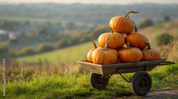 Fototapeta A rustic wheelbarrow filled with vibrant pumpkins sits against a scenic autumn landscape.