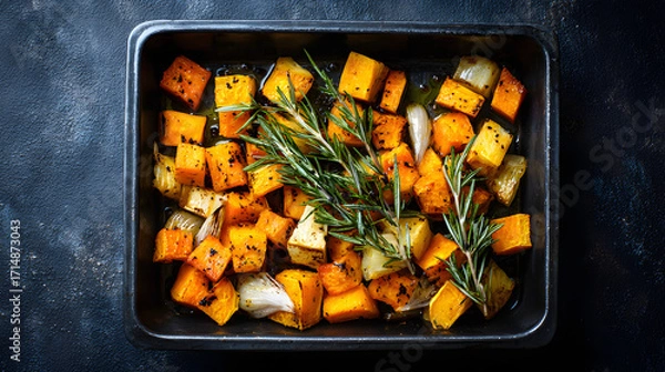 Fototapeta Roasted butternut squash cubes with aromatic rosemary, a colorful and healthy dish perfect for fall cooking.