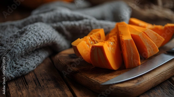 Fototapeta Freshly sliced orange pumpkin on a wooden cutting board, with a cozy, textured blanket in the background.