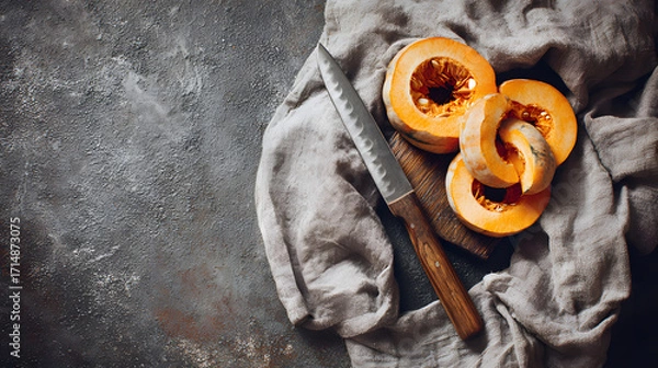 Fototapeta Freshly sliced orange pumpkin with a kitchen knife on a textured surface.
