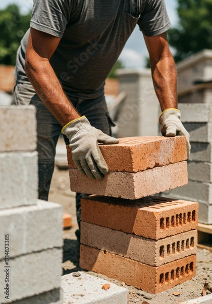 Obraz A worker lifts bricks wearing gloves at a construction site  