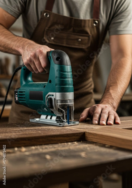 Obraz Man using jigsaw to cut wood while working in workshop  