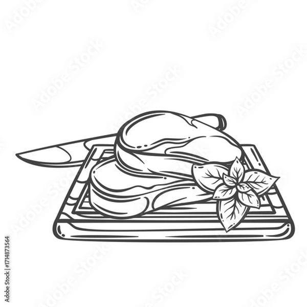 Fototapeta Meat steak two slices with fat strips on wooden board with knife and basil line icon. Outline hand drawn sketch of raw fresh pork or beef chops, cuts of cow meat. Cooking mascot, vector illustration