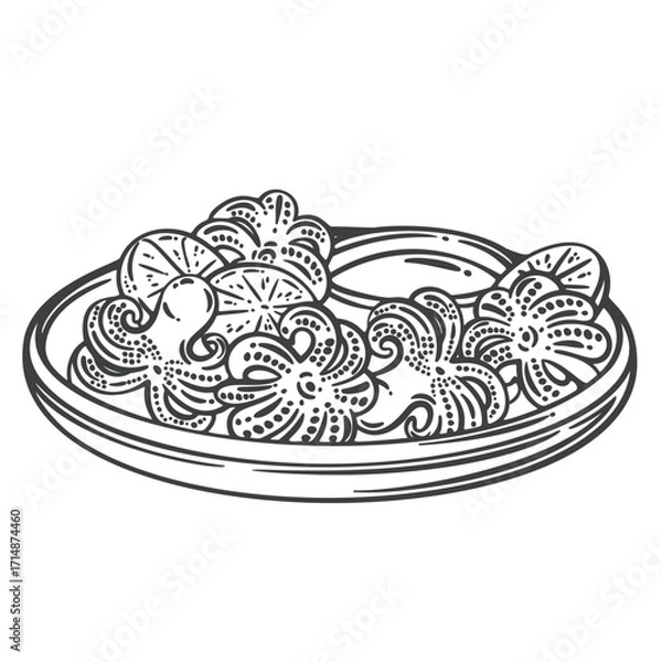 Fototapeta Plate of grilled baby octopus with lemon slices and dipping sauce. Traditional Hong Kong street food. Outline vector illustration in engraved style for menu, packaging, or food design.