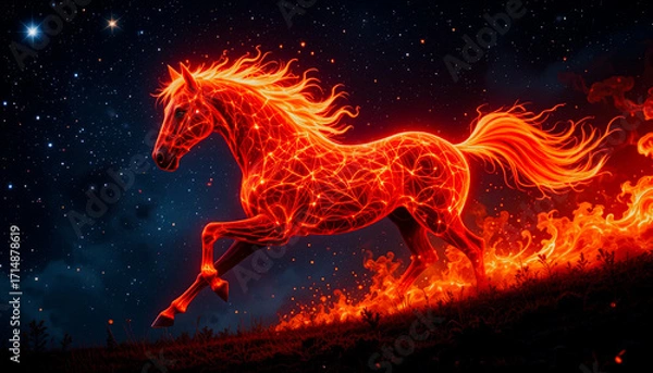 Obraz Year of the Red Fire Horse 2026. A mythical fire horse gallops across a field against a starry sky. Symbol of the Chinese zodiac. The image is well suited for calendars, postcards, and souvenirs