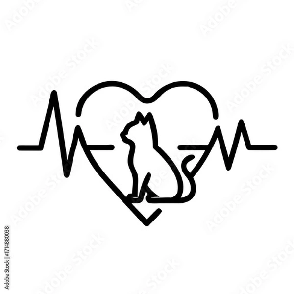 Fototapeta Cat silhouette inside heart with heartbeat line design  