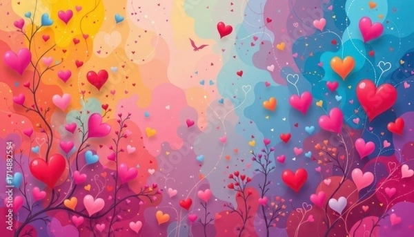 Fototapeta Whimsical Romantic Landscape with Colorful Trees and Hearts