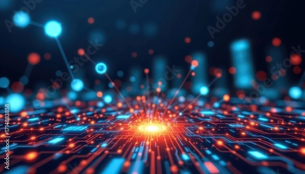 Fototapeta Futuristic Digital Network with Bright Energy Center