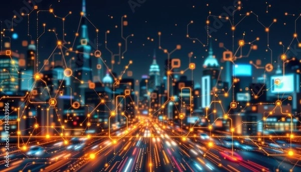 Fototapeta Futuristic Digital Cityscape Night with Data Network