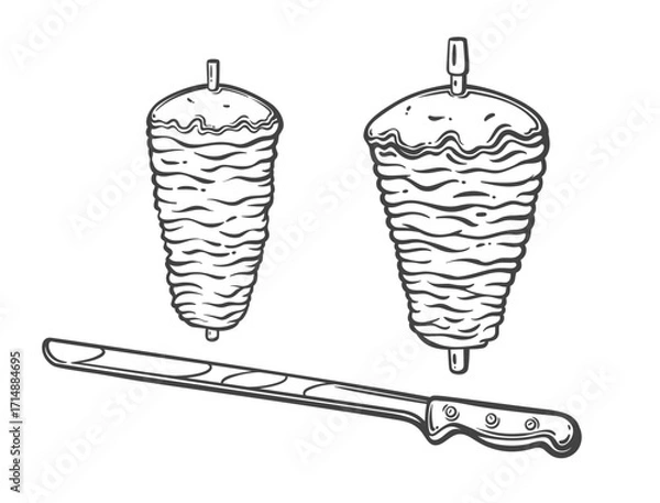 Fototapeta Two doner kebab skewers with layers of meat and a long slicing knife. Hand drawn in black line. Vector illustration for menu design, food packaging, or ethnic cuisine branding.