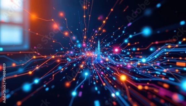 Fototapeta Futuristic Digital Network with Glowing Data Streams