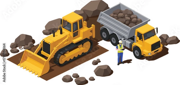 Fototapeta Isometric construction scene, bulldozer and dump truck illustration, worker inspecting site, yellow machinery graphic, dirt and rock excavation vector