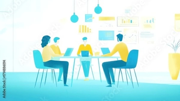 Fototapeta Team brainstorming, modern office, data charts, collaboration