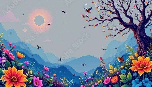 Fototapeta Colorful Stylized Landscape with Tree Flowers and Birds
