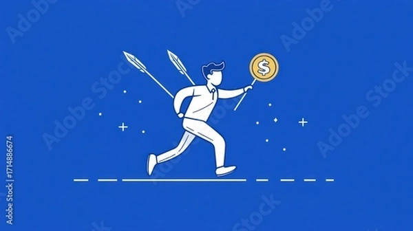 Fototapeta Man running with coin, spears in back, blue background, financial risk illustration