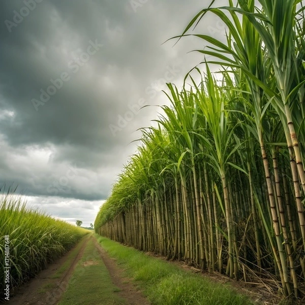 Fototapeta "Fresh stalks of sugarcane stacked together in a neat bundle, natural green color with textured surface, photographed in bright daylight on a farm