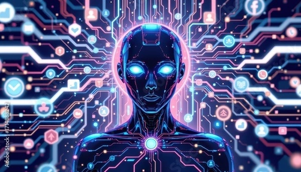 Fototapeta Futuristic Humanoid with Digital Network Environment