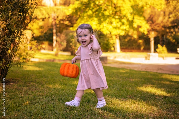 Obraz Adorable little girl, just two years old, beams with pure joy as she holds a bright orange pumpkin in an autumn park. The golden leaves and warm sunlight.