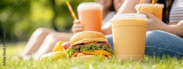 Fototapeta Fresh Burger and Smoothie Enjoyed in Park on a Sunny Day