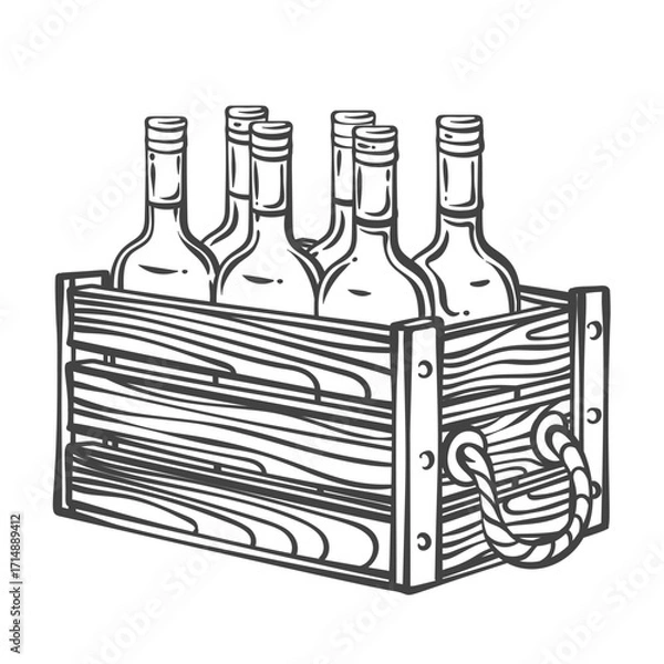 Fototapeta Wooden crate with six wine bottles in classic doodle engraving style. Outline vector illustration for wine packaging, winery branding, bar decor, or menu design.