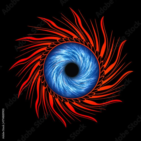 Fototapeta dynamic twirl of sun shape with blue eye, mystical sun crown with tongues of fire, fractal art