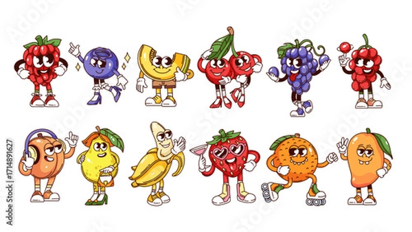 Fototapeta Groovy fruit and berry cartoon characters set. Funny retro raspberry blueberry cherry mango orange strawberry banana. Fruit mascot, cartoon stickers collection of 70s 80s style vector illustration