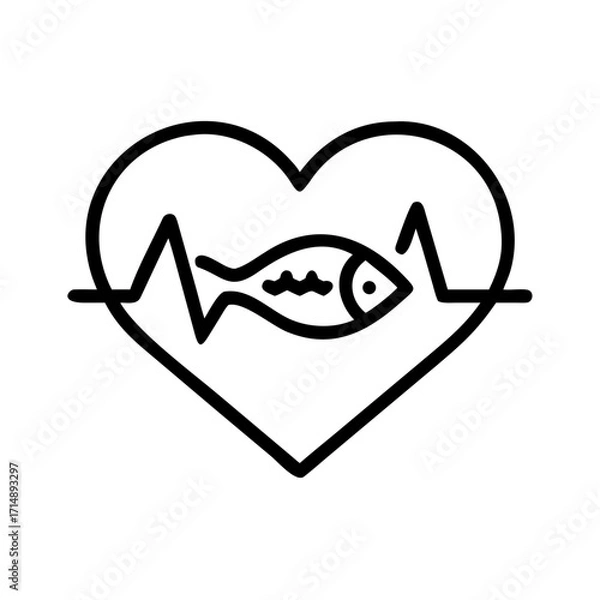 Fototapeta Fish symbol within heart and heartbeat line in minimalist style  