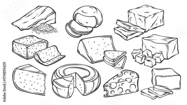 Fototapeta Hand drawn set of assorted cheeses including parmesan, mozzarella, gouda, cheddar, emmental, and havarti. Engraved line art style. Vector illustration for packaging, recipe books, or culinary design.