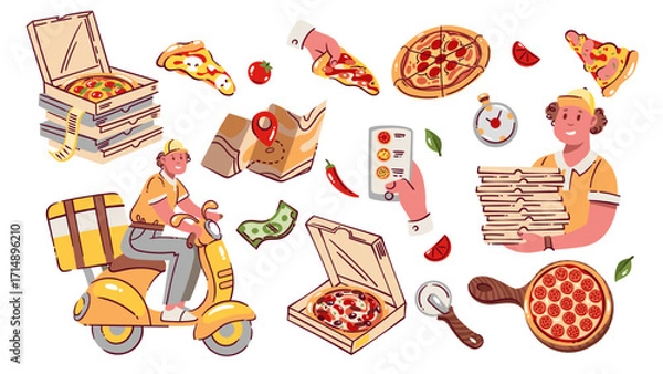 Fototapeta Pizza online order, delivery and serving cartoon set. Funny pizza in open box and stack, choice in mobile app for delivering. Delivery service mascots, cartoon pizzeria collection vector illustration
