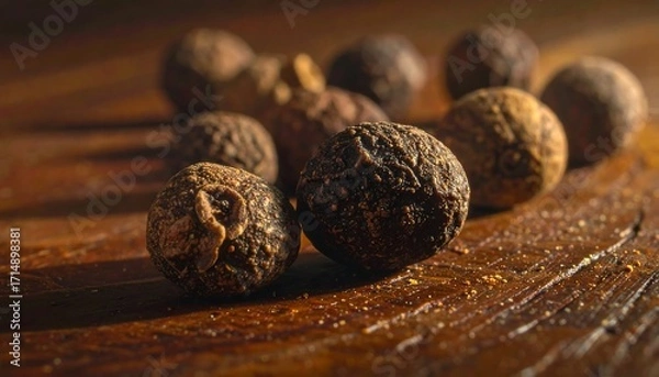 Fototapeta Close up of aromatic dark peppercorns on rustic wood