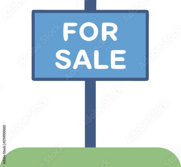 Fototapeta Vector art of a blue for sale sign on a pole in the grass, indicating property or item availability for purchase
