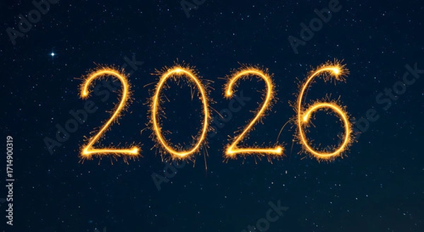 Obraz The year 2026 illuminated by sparkling golden fireworks against a starry night sky