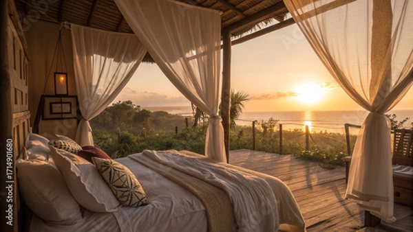 Fototapeta Bedroom with canopy bed overlooking ocean at sunset with wooden deck and tropical vegetation view