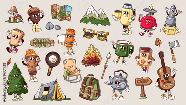 Fototapeta Groovy camping cartoon characters and stickers set. Funny retro forest camp elements and happy personages. Camping, outdoor adventure mascots, cartoon collection of 70s 80s style vector illustration