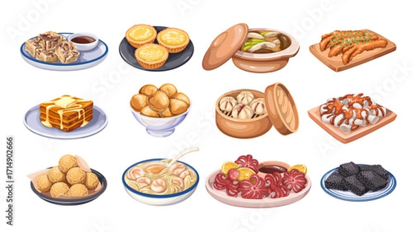 Fototapeta Set of traditional Hong Kong savory snacks and dim sum dishes like buns, tofu, soup, and fried treats. Cartoon vector illustration for Chinese food guides, posters, or editorial culinary content.