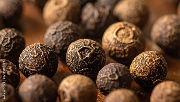 Fototapeta Close up view of textured peppercorns on a wooden surface