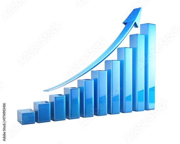 Fototapeta Blue bar graph with upward trending arrow isolated on transparent background