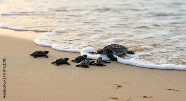 Fototapeta Sea Turtles on the Beach – Hatchlings and Adults at Shoreline