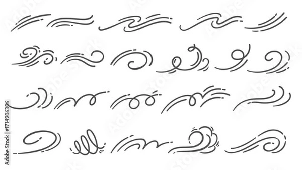 Fototapeta Set of wind swirl doodle elements. Curved, wavy, spiral, and flowing air lines in cartoon doodle style. Multiple wind, breeze, gust shapes. Suitable for design, weather, decor. Vector illustration.
