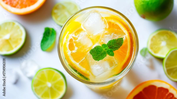 Fototapeta Bright citrus lemonade with mint shines in top view as lemonade with ice cubes swirls around orange slices, lemonade served in clear glass on white background, refreshing summer vibe, flat lay mood