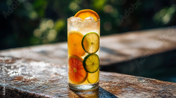 Fototapeta Sunlit citrus cocktail on wet stone, cocktail packed with ice and orange lime slices near pool, cocktail sparkles with condensation and soft bokeh highlights, refreshing summer vibe and poolside mood
